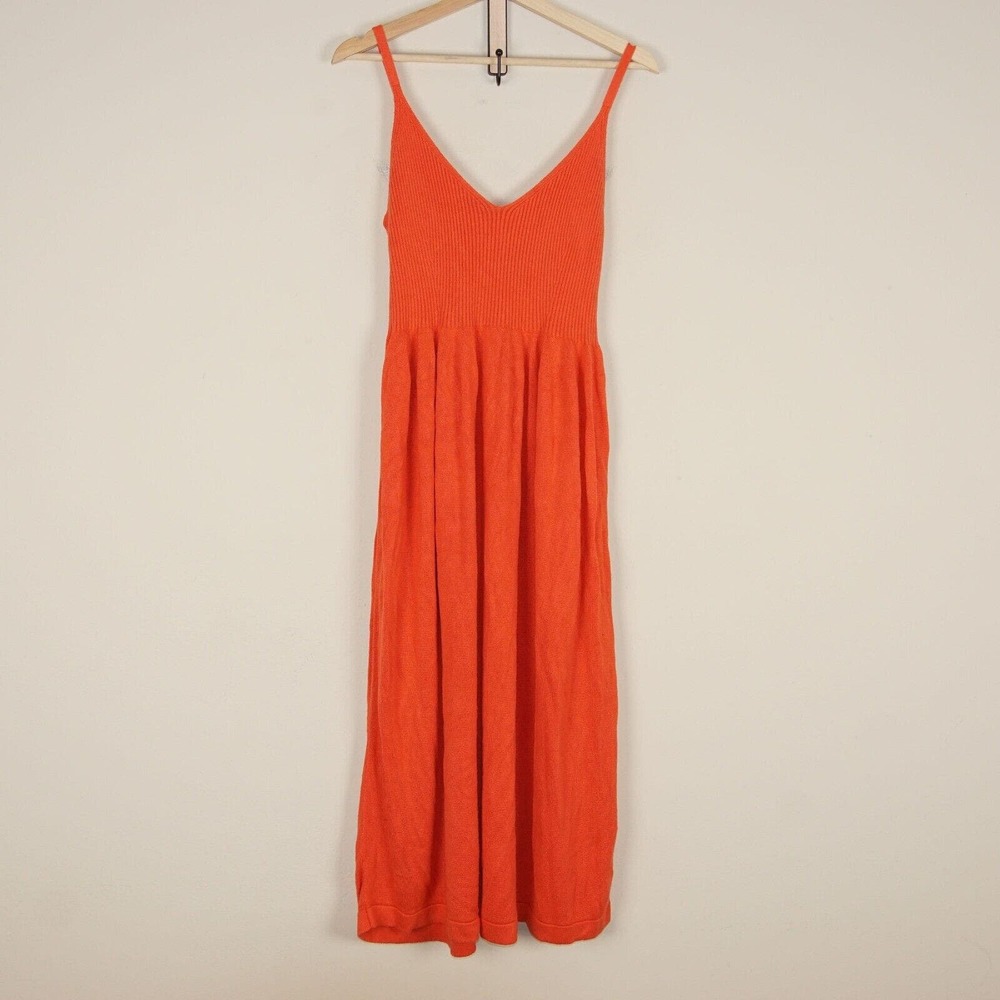 Mara Hoffman Poppy Red Orange Delilah Modal Knit Midi Deep V Sleeveless Dress S